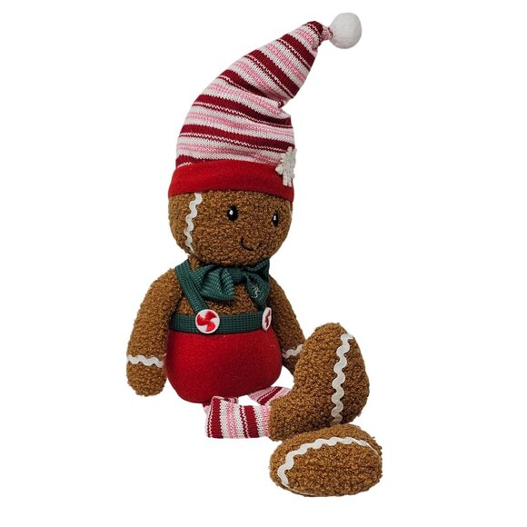 Plush Peppermint Gingerbread Man with Red and Pink Stocking Legs Christmas Shelf - Picture 2 of 4